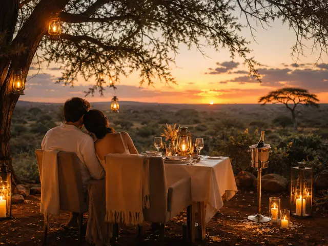 Private dinner under an acacia hung with lanterns as the sun goes down
