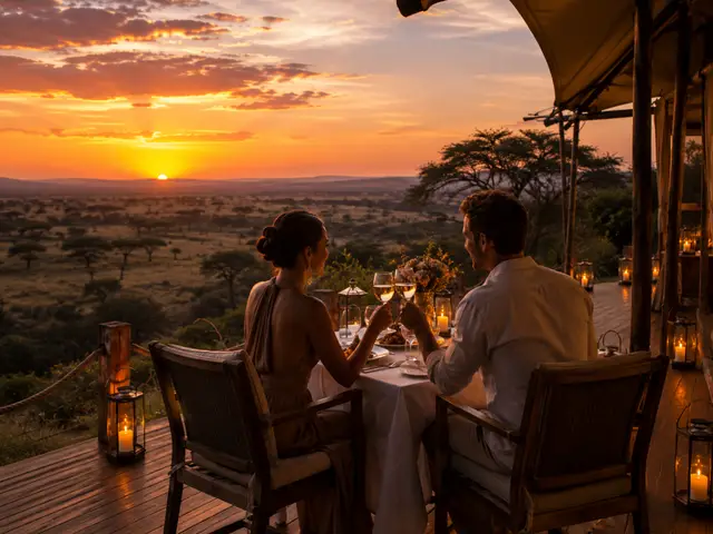 Guests toasting with wine on a tented camp deck above the savannah at sunset
