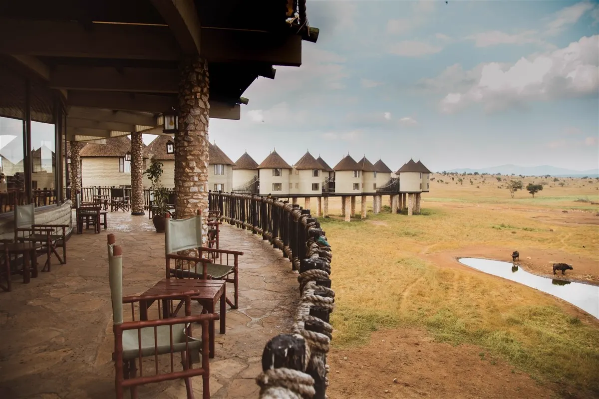 Stone terrace of Salt Lick Safari Lodge looking out over the Taita plains and waterhole