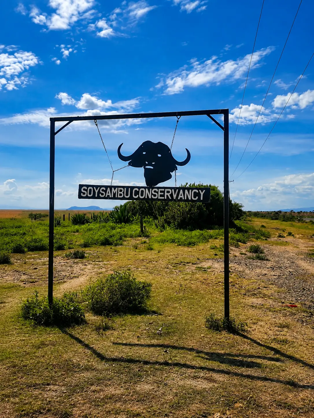 Soysambu Conservancy entrance sign with a buffalo silhouette