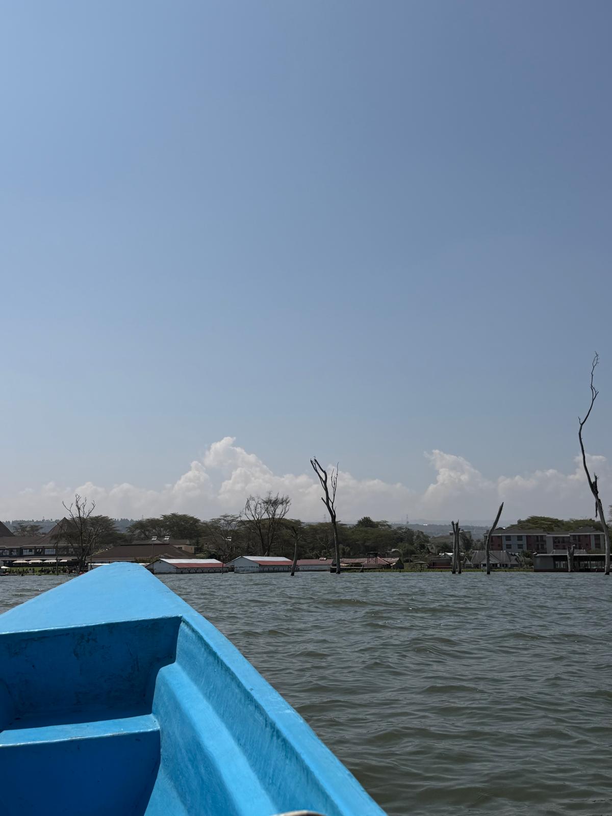 View over the bow of a blue boat on Lake Naivasha