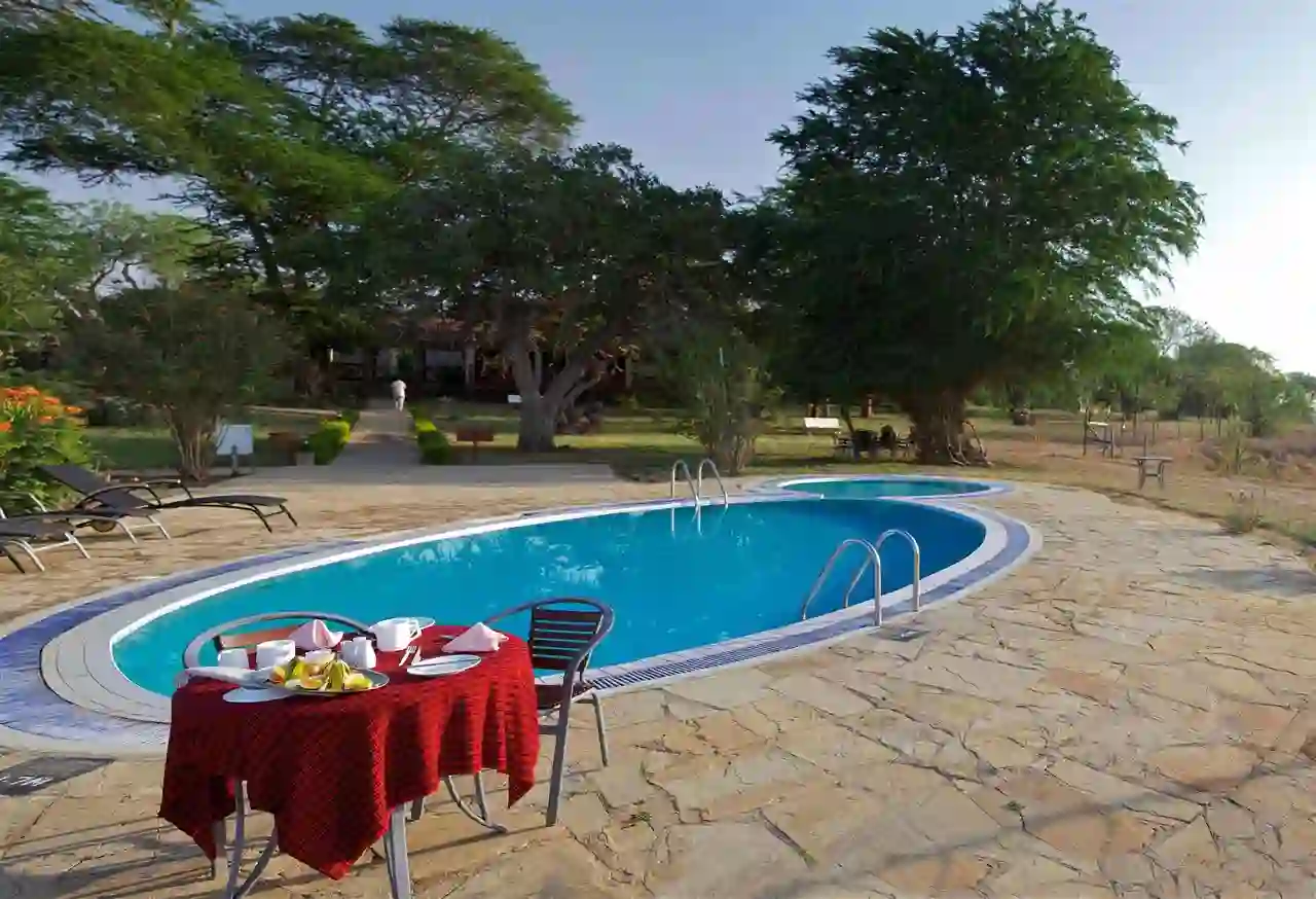 Turquoise swimming pool at Ashnil Aruba Lodge with a table set for breakfast beneath large shady trees
