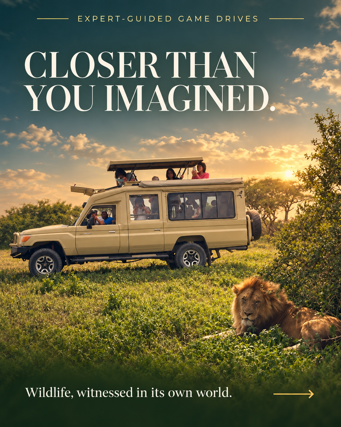 Guests on a 4WD Land Cruiser safari with a lion resting nearby
