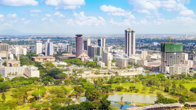 Aerial view of the Nairobi city skyline above Uhuru Park
