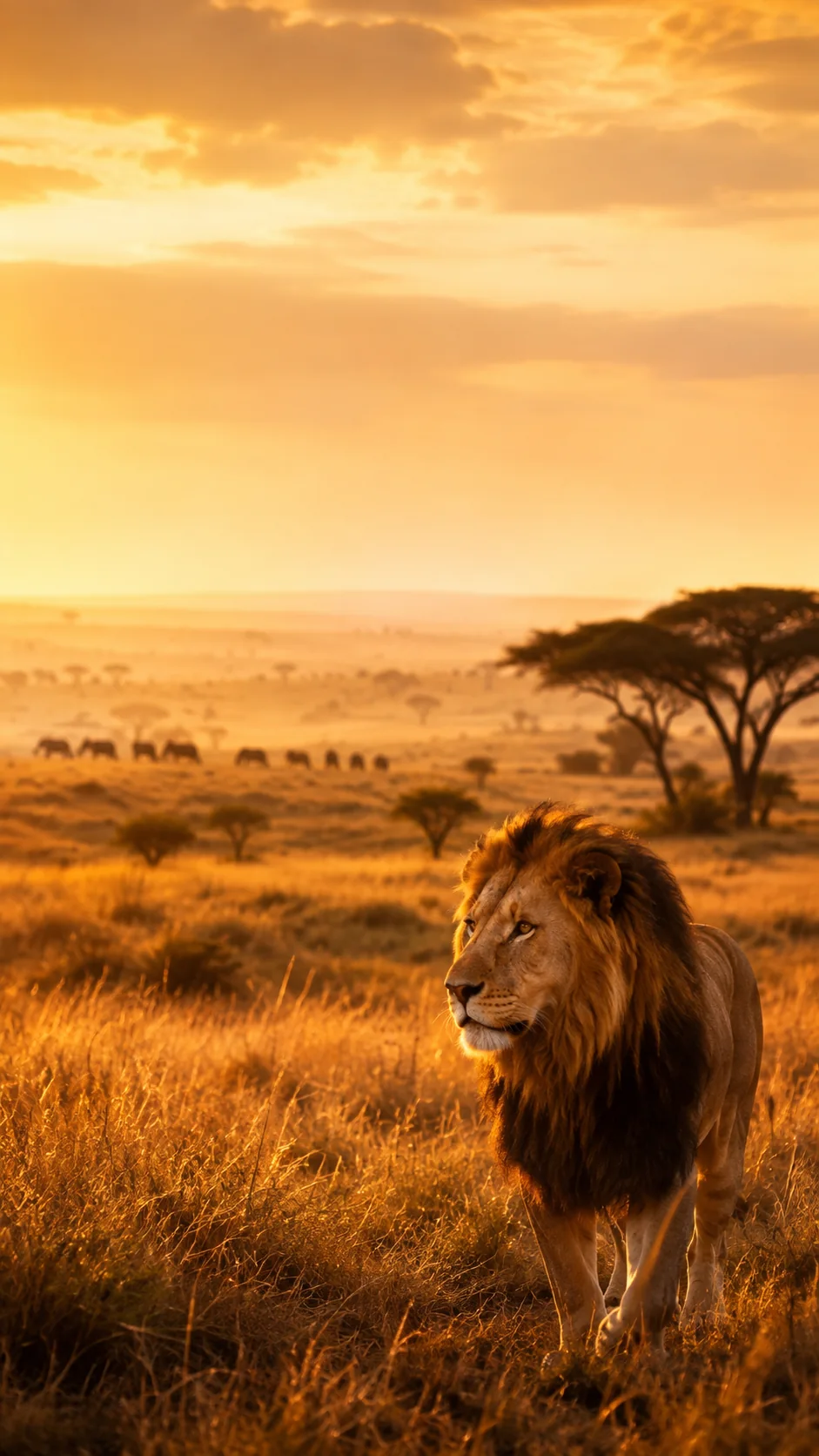 Leone maschio che cammina tra l'erba dorata della savana al tramonto, con acacie ed elefanti sullo sfondo