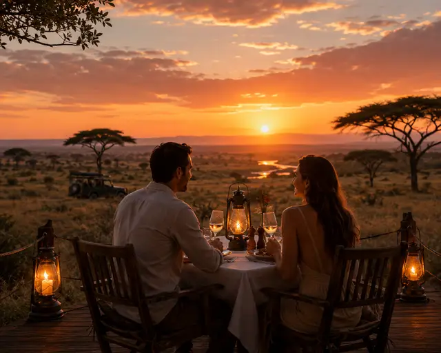 Couple at a lantern-lit table watching the sun set over the plains