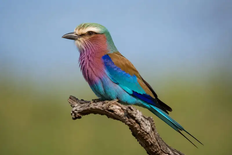 Lilac-breasted roller perched on a dry branch in Tsavo East