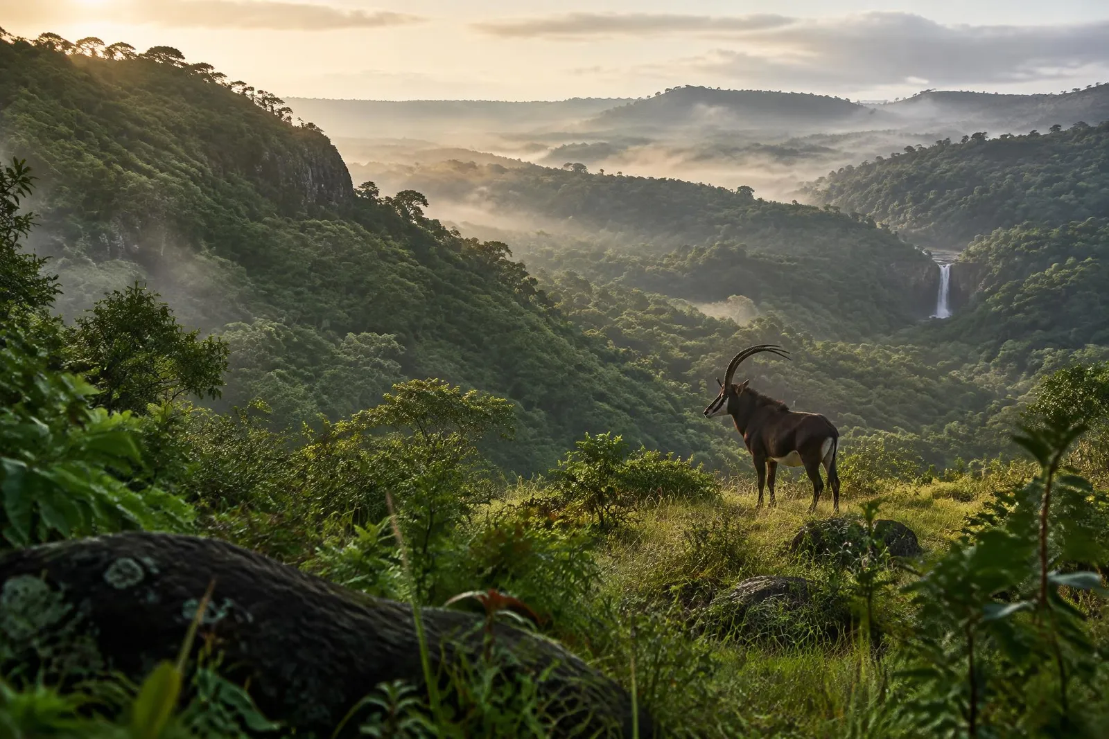A sable antelope overlooking the misty rainforest hills and waterfall of Shimba Hills