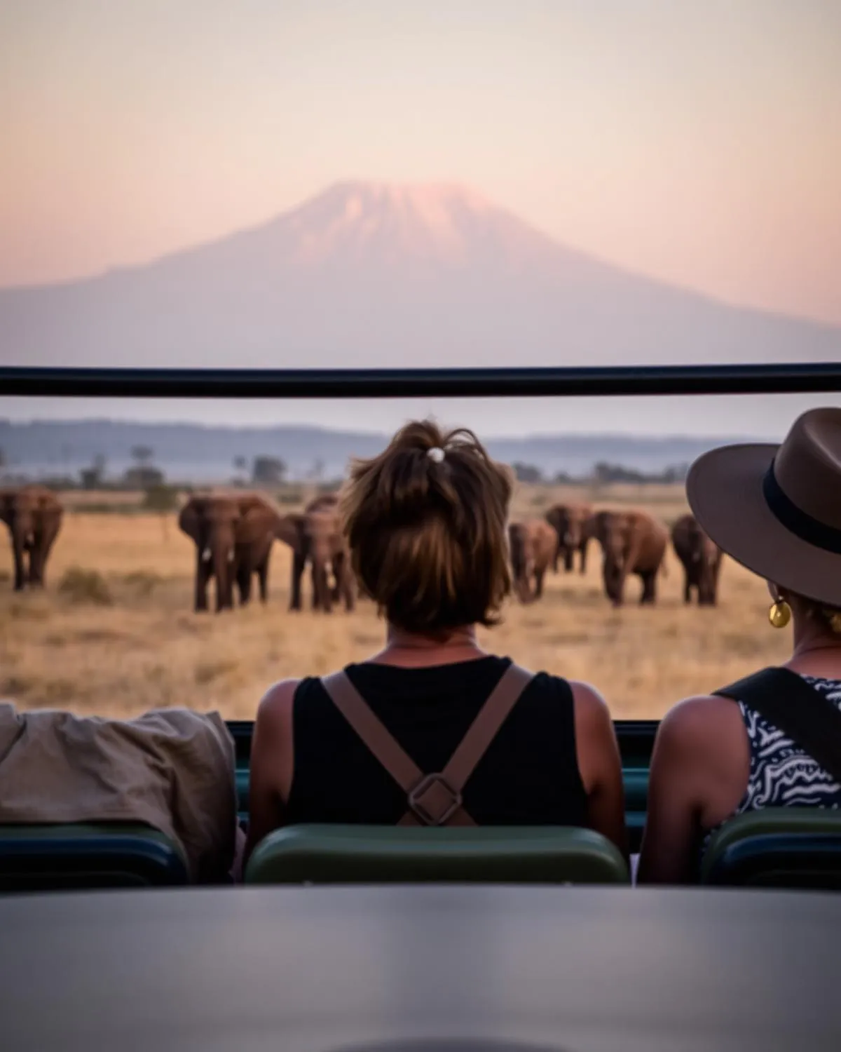 Travellers watching elephants from a safari vehicle at sunrise