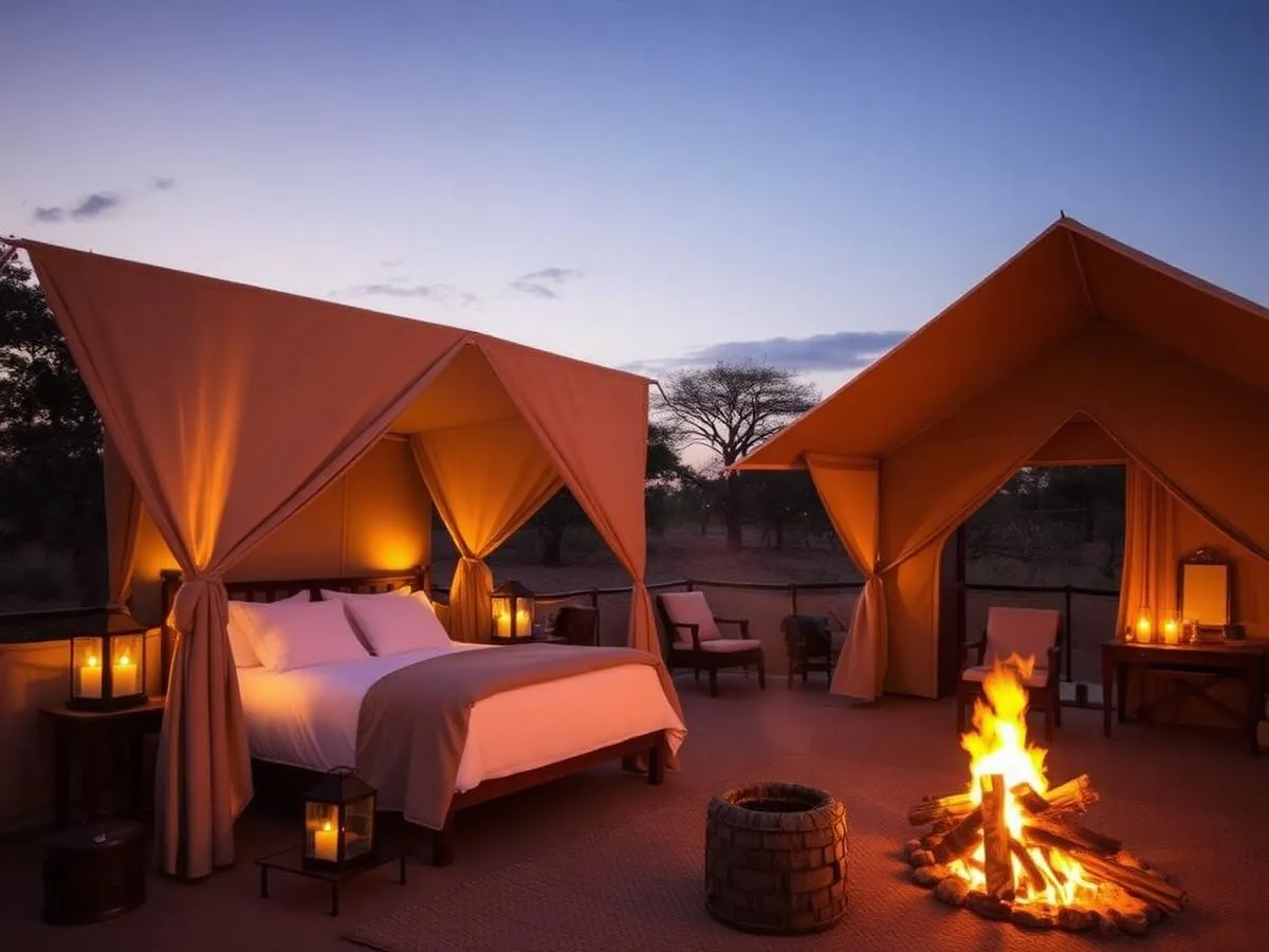 Luxury tented safari camp lit by lanterns at dusk